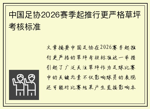 中国足协2026赛季起推行更严格草坪考核标准